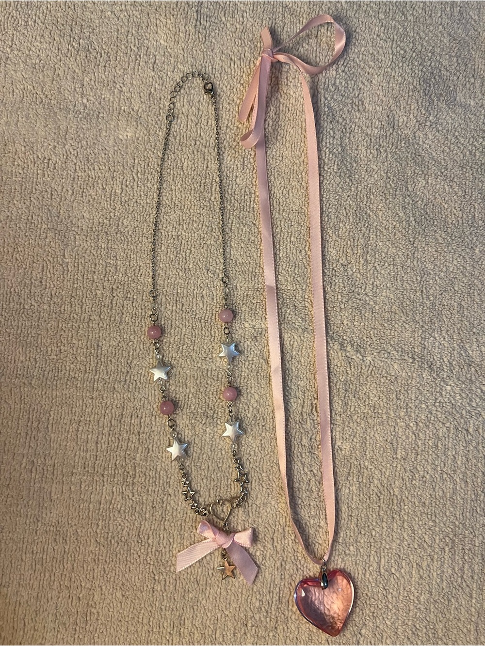 Pink Ribbon Heart & Star Necklace Set